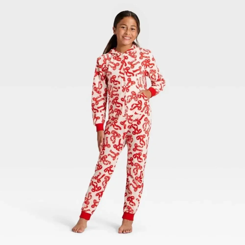 Cat & Jack Girls' Red Bows Hooded Union Suit